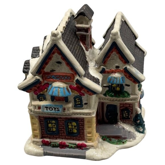 Porcelain Christmas Village Toy shop House Holiday Décor snow blue gray READ - Picture 1 of 6